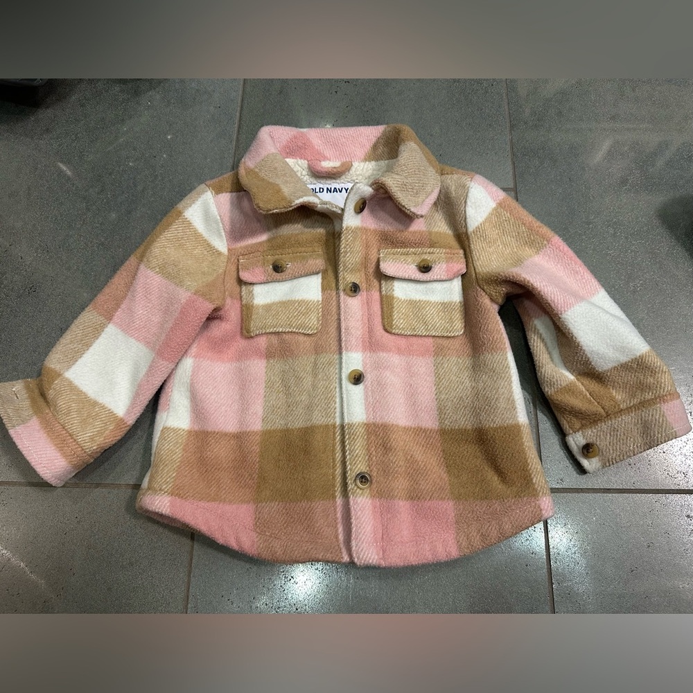 Old Navy 2t Sherpa Flannel Pink Camel White Plaid Shirt Jacket Shacket
